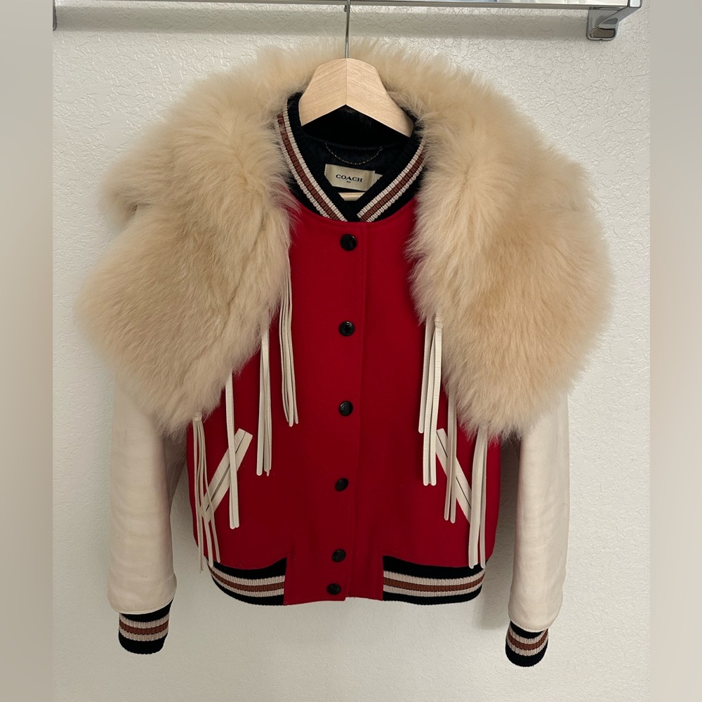 Coach 1941 Varsity Jacket with removable shearling and fringe collar FW14